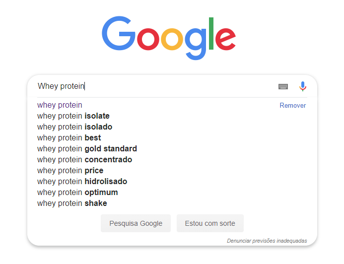 Autocomplete do Google para a palavra-chave whey protein