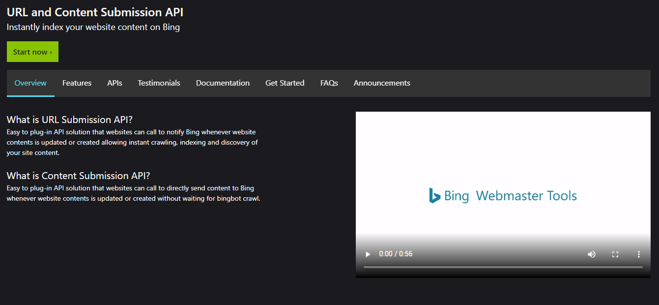 URL and content submission api: bing webmaster tools