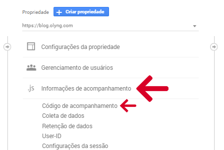 menu de propriedade do Google Analytics aonde mostra como chegar até o código de acompanhamento