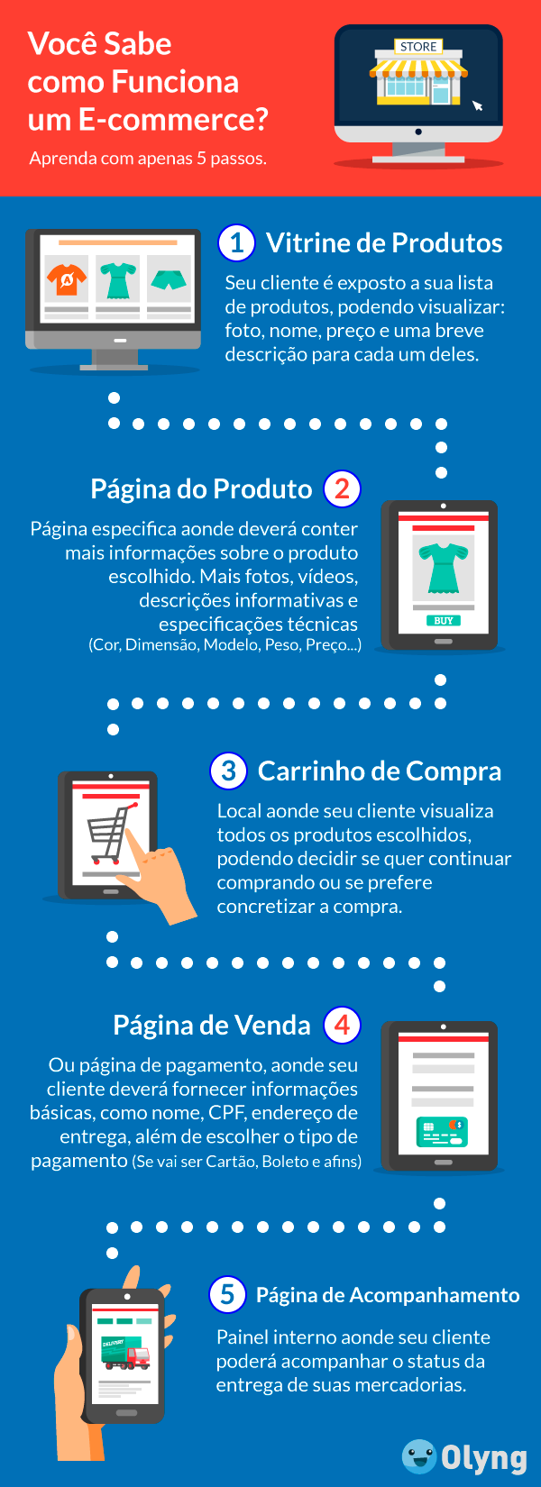 Infográfico sobre como funciona a estrugtura do e-commerce em 5 passos.