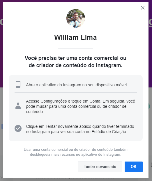 Tela de erro: Você precisa ter uma conta comercial ou de criador de conteúdo do Instagram.