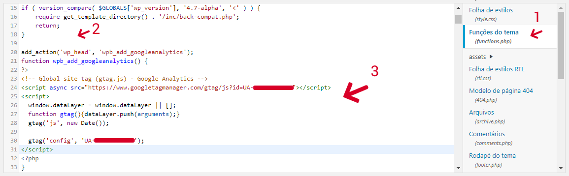 Instalando o código do gtag.js nas funções do seu tema do WordPress